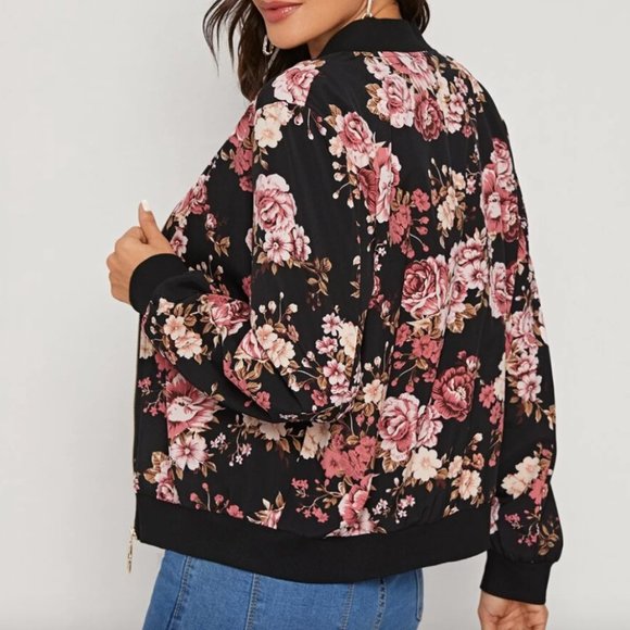 Black blue floral print zip up bomber jacket - Picture 5 of 6
